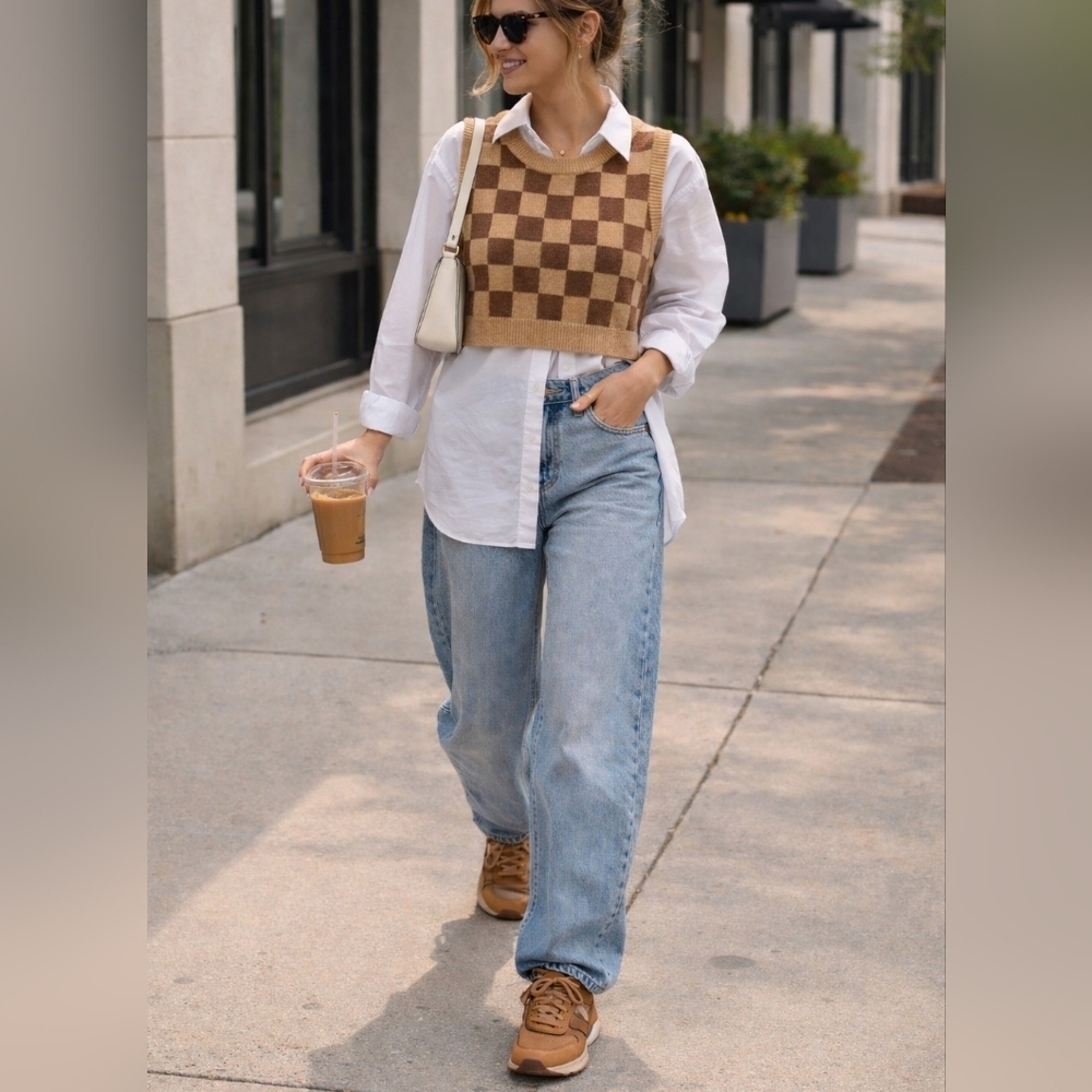 Princess Polly Checkerboard Sweater Vest M/L | Brown Tan Knit Crop Top | Y2K